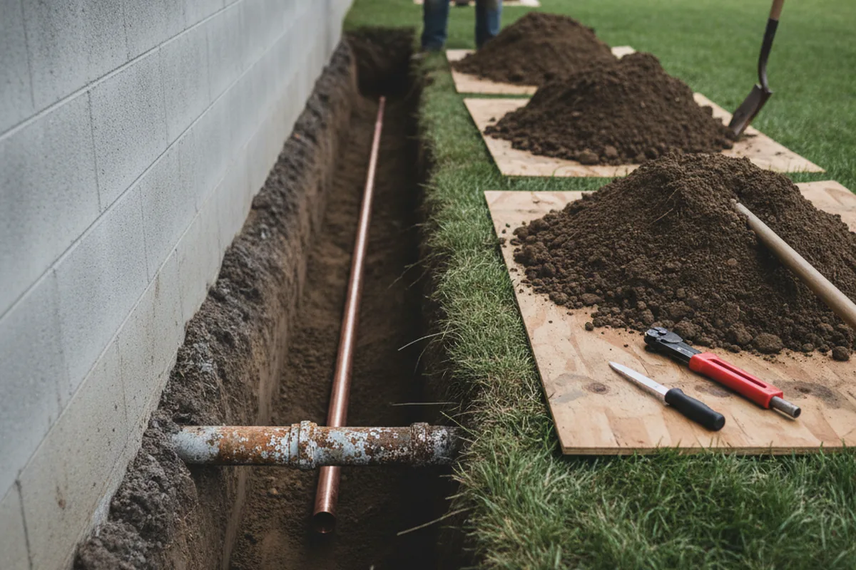Excavated water line trench during Water Softener Installation in Molt